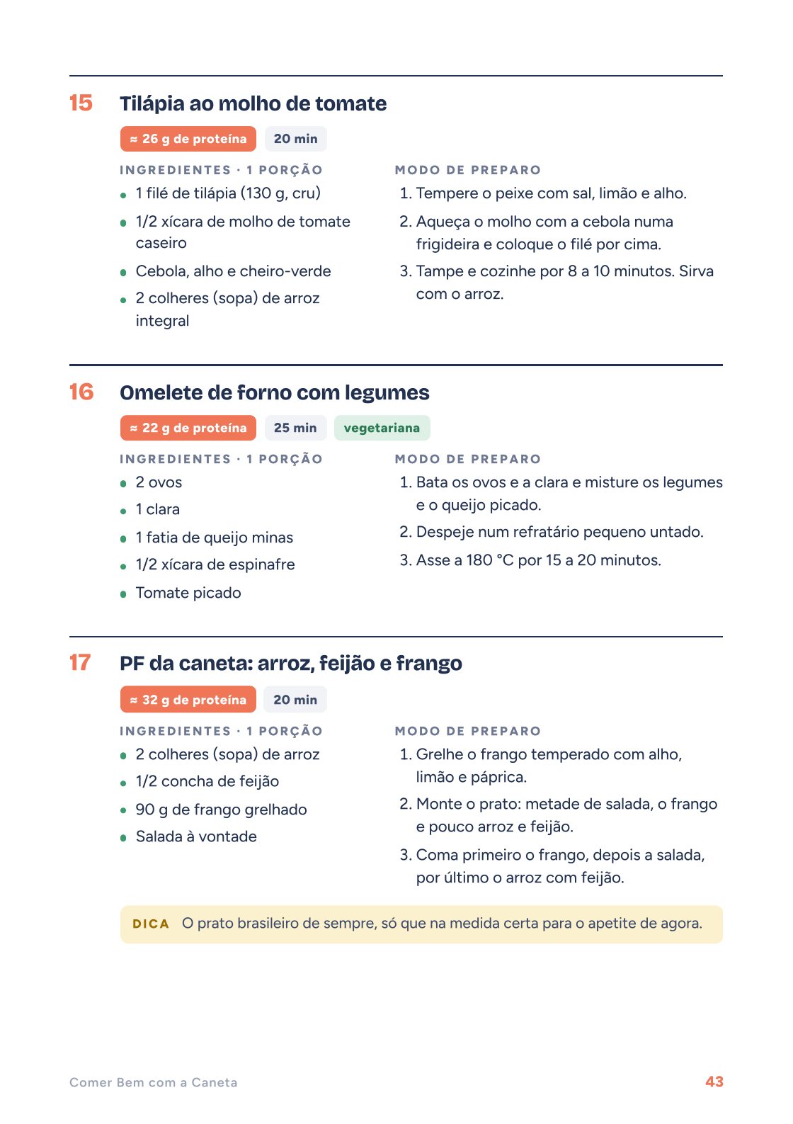 Página de receitas com a proteína calculada